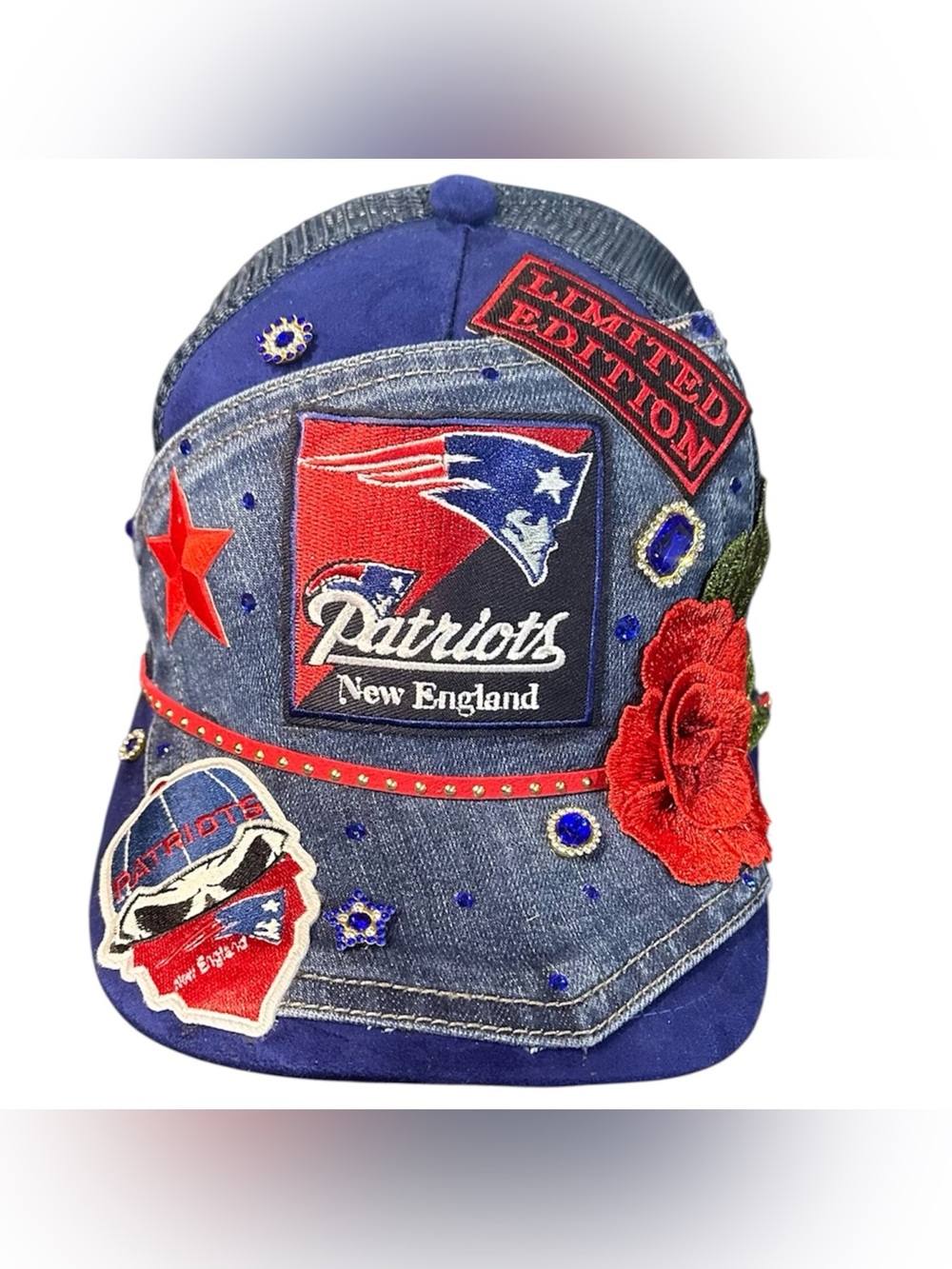 New England Patriots Denim Baseball Cap with Red Rose Embroidery